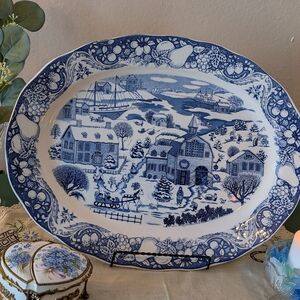 Vintage Marushin Art Blue And White Large Oval Serving Platter by SANYEI